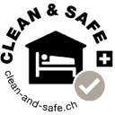 Black and white 'Clean & Safe' certification badge, symbolizing trust and commitment in the hospitality industry.