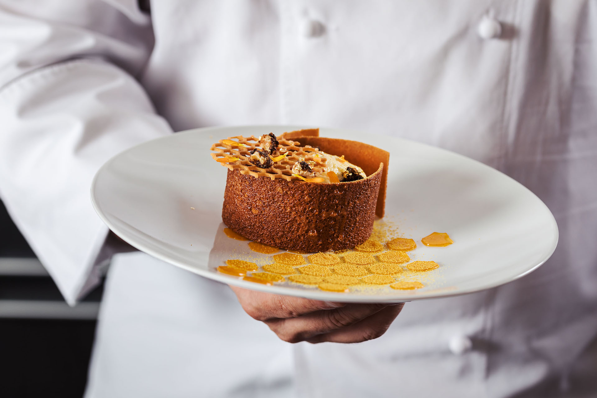 Chef presenting a caramel-hued dessert with intricate garnishing, inviting elegance for culinary professionals.
